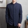 Classic Long Sleeve Linen Shirt with Stand-Up Collar