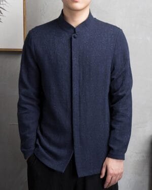 Classic Long Sleeve Linen Shirt with Stand-Up Collar