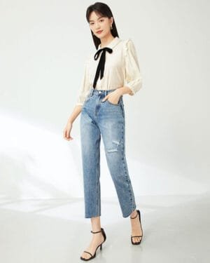 High Waist Straight Cut Mildly Rugged Jeans
