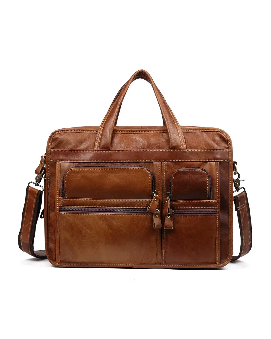 Zipped Pocket Vintage Leather Briefcase Handbag