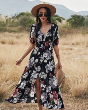 Floral Breeze Elastic Waist V-Neck Dress