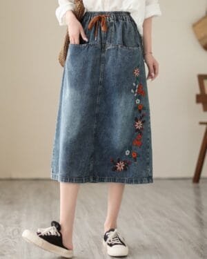 Embroidered Tie Waist Vintage Denim Skirt