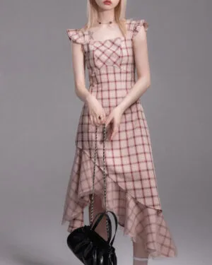 Modern Square Shoulder Dress with Plaid Detail