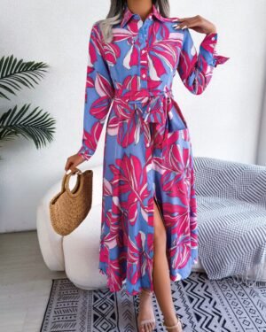 Statement Flower Collared Tied Shirt Dress